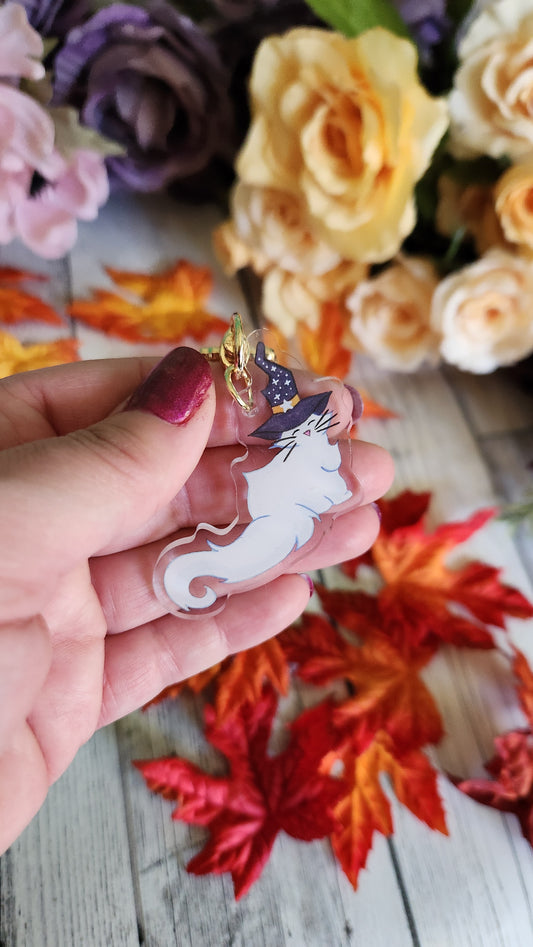 White Witch Cat Charm Keychain