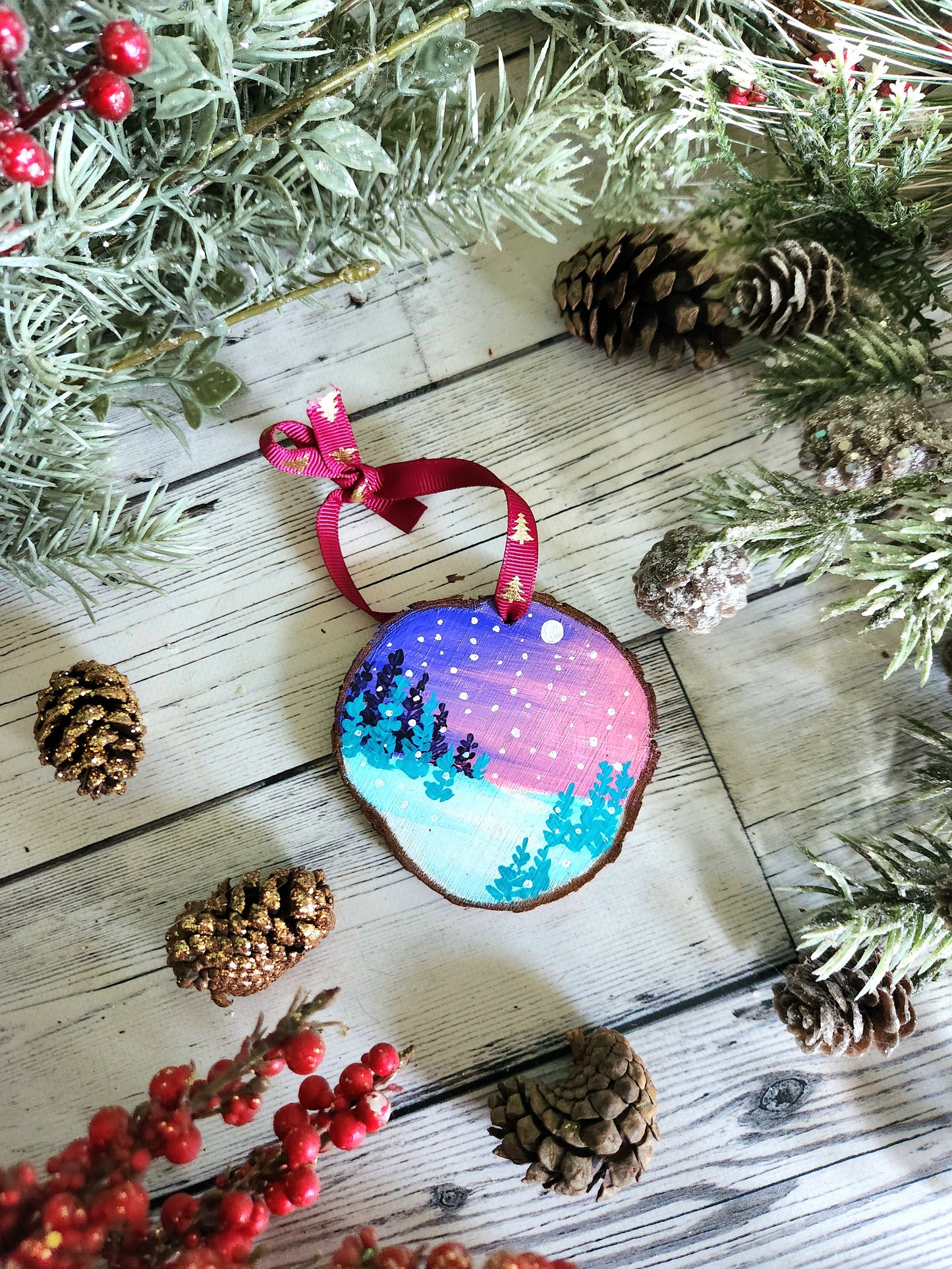 Pink Snowy Night Wooden Ornament