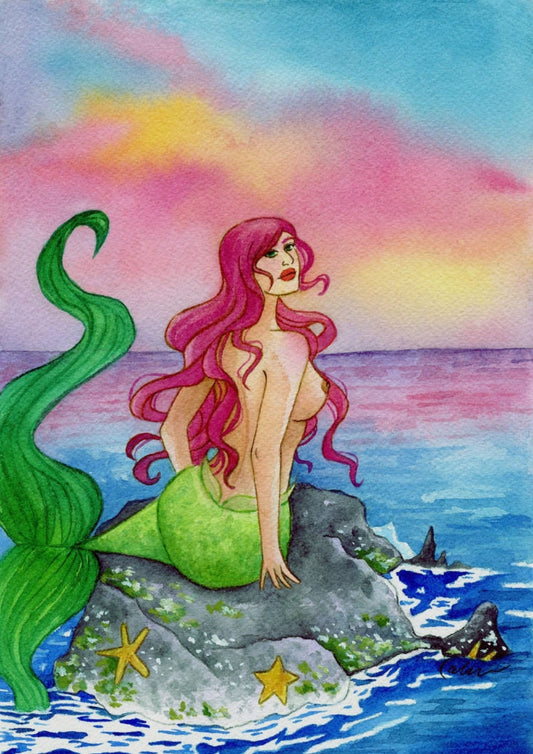 Sunset Mermaid Watercolor Art Print
