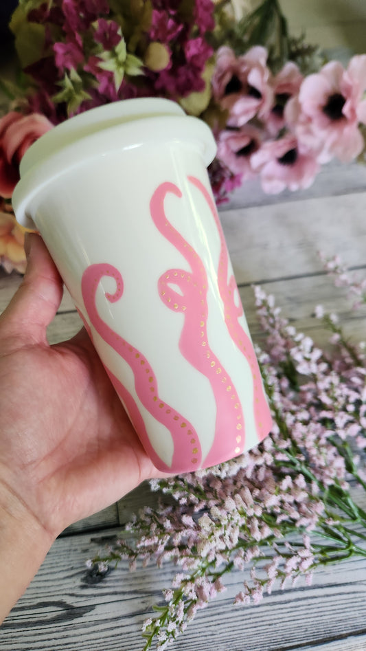 Pink Octopus Ceramic Travel Mug