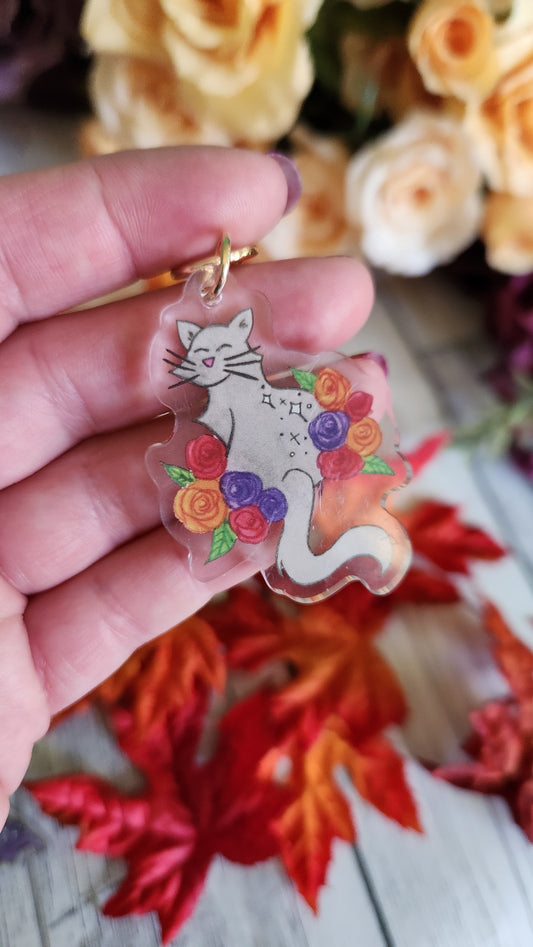 Gray Rose Cat Charm Keychain