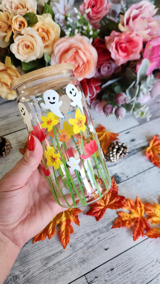 Fall Floral Ghostie Glass Coffee Cup