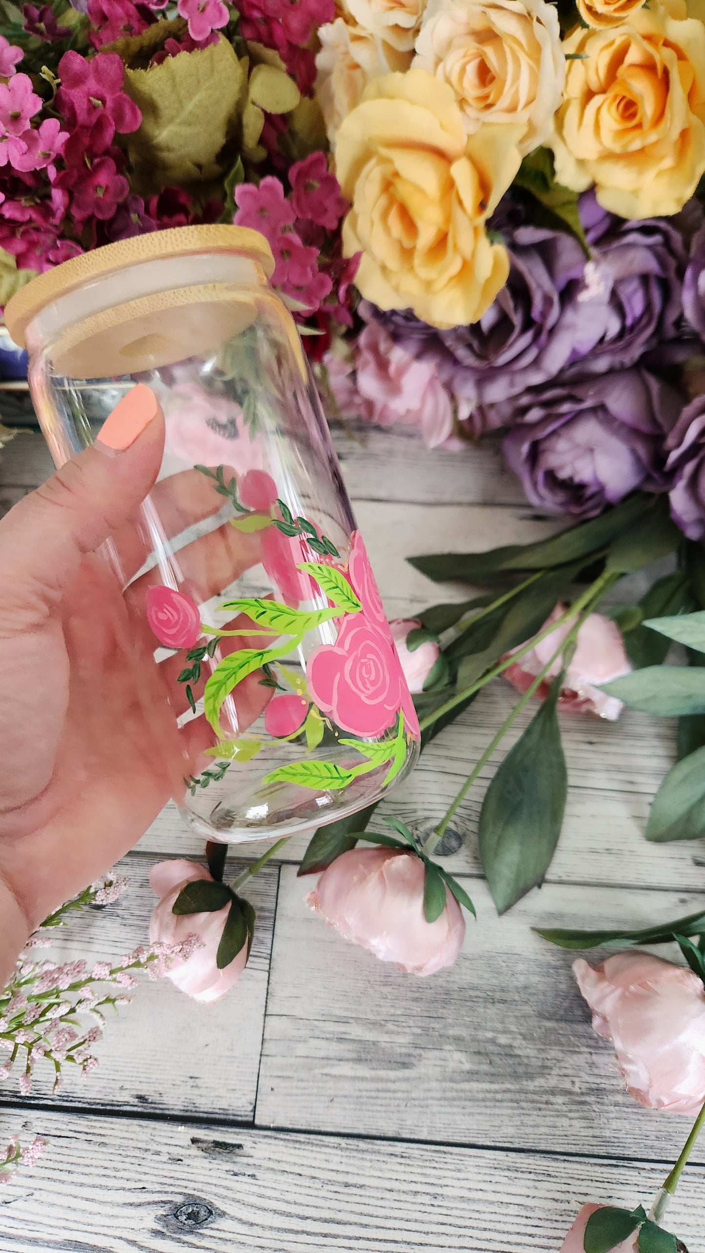 Floral Roses Glass Coffee Cup